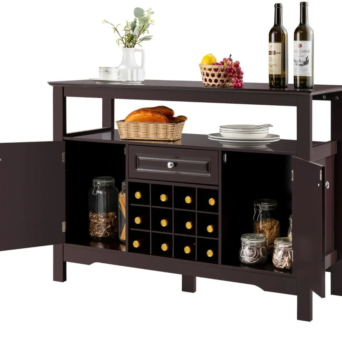 Modernes Esszimmerbuffet mit Kreuzförmigem Weinregal Offenem Regal 2 Schränken & Schublade Braun