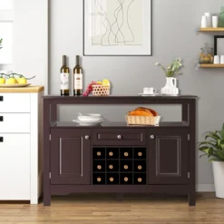 Modernes Esszimmerbuffet mit Kreuzförmigem Weinregal Offenem Regal 2 Schränken & Schublade Braun