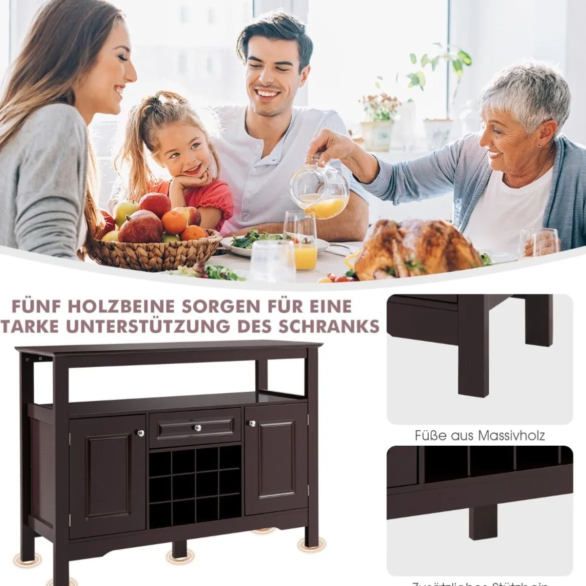 Modernes Esszimmerbuffet mit Kreuzförmigem Weinregal Offenem Regal 2 Schränken & Schublade Braun