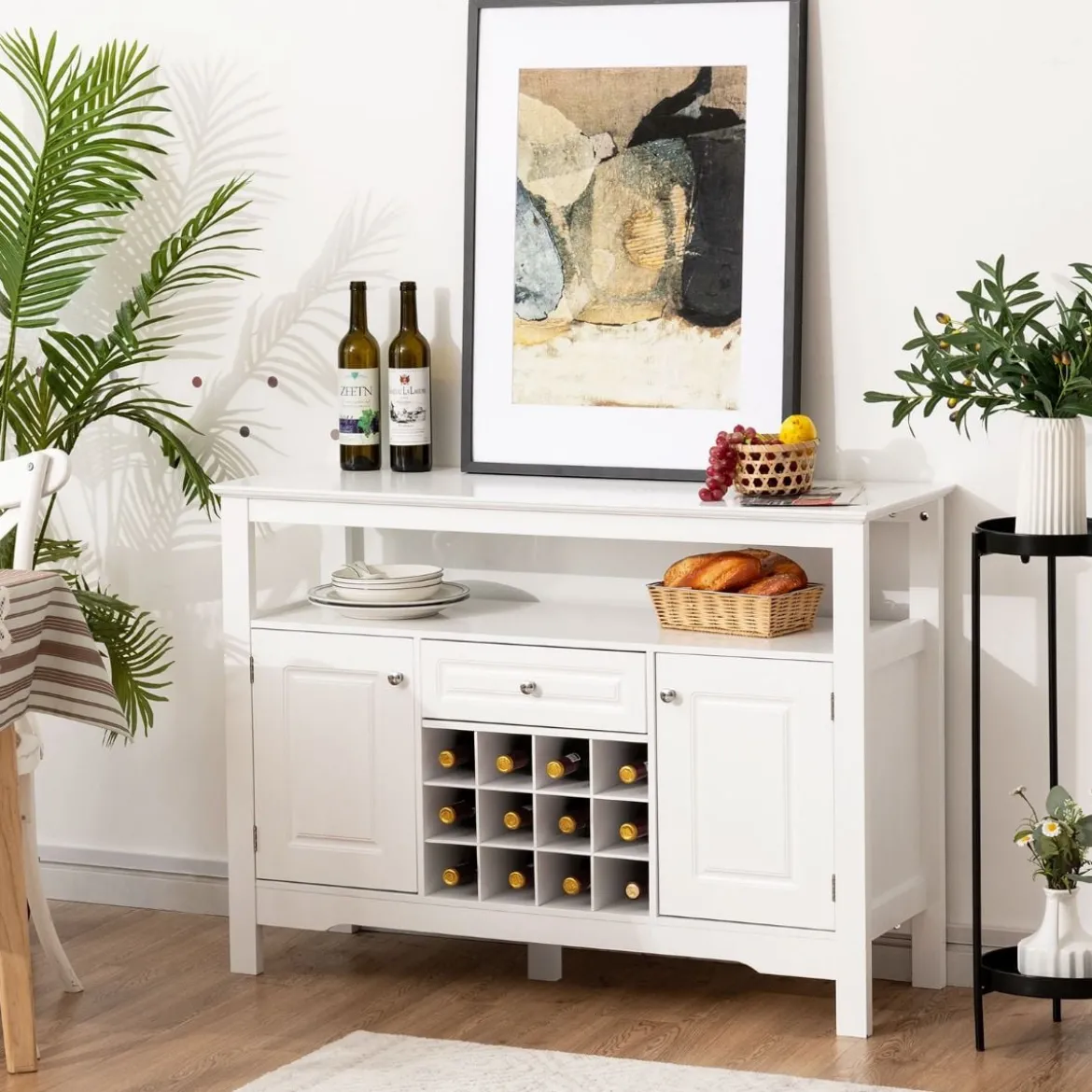 Modernes Esszimmerbuffet mit Kreuzförmigem Weinregal Offenem Regal 2 Schränken & Schublade Weiß