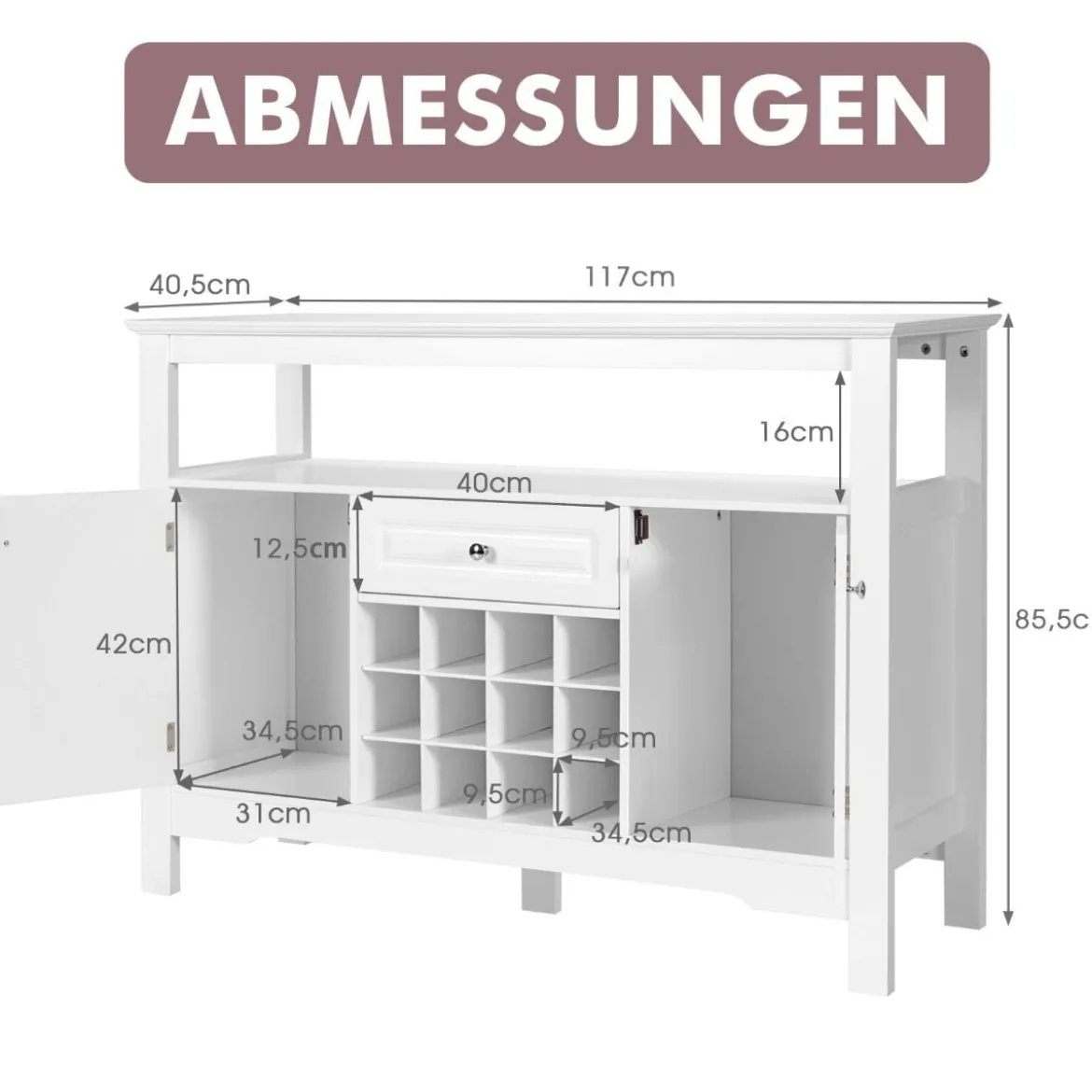Modernes Esszimmerbuffet mit Kreuzförmigem Weinregal Offenem Regal 2 Schränken & Schublade Weiß