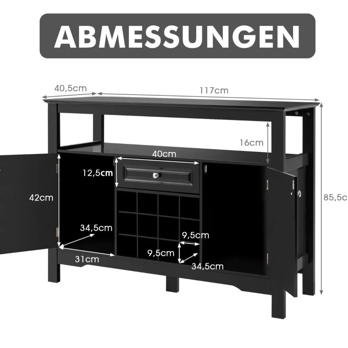 Modernes Esszimmerbuffet mit Weinregal und Schränken & Schublade 117 x 40,5 x 82,5 cm Schwarz