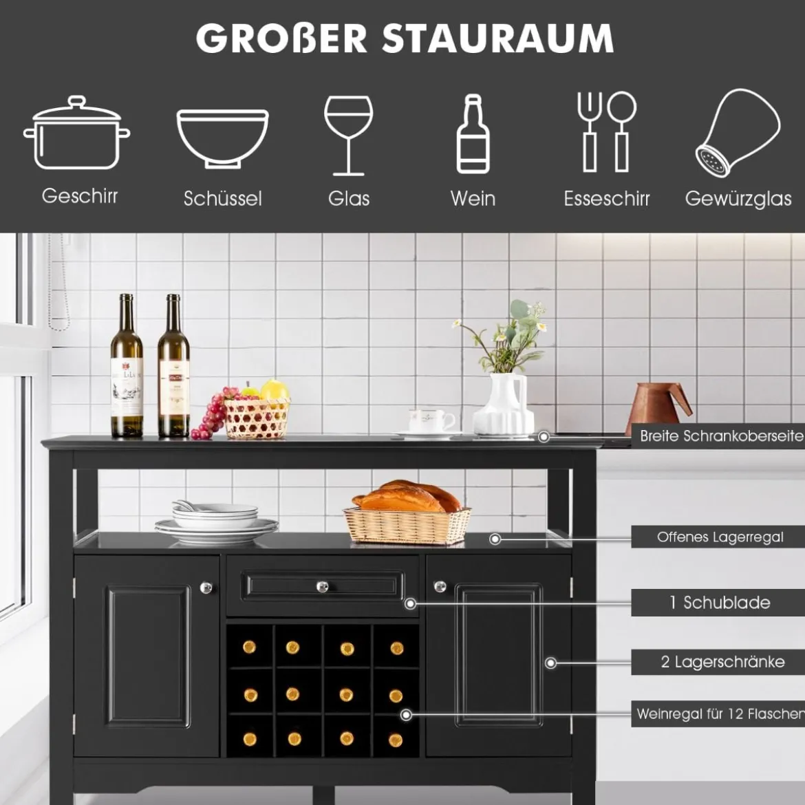 Modernes Esszimmerbuffet mit Weinregal und Schränken & Schublade 117 x 40,5 x 82,5 cm Schwarz