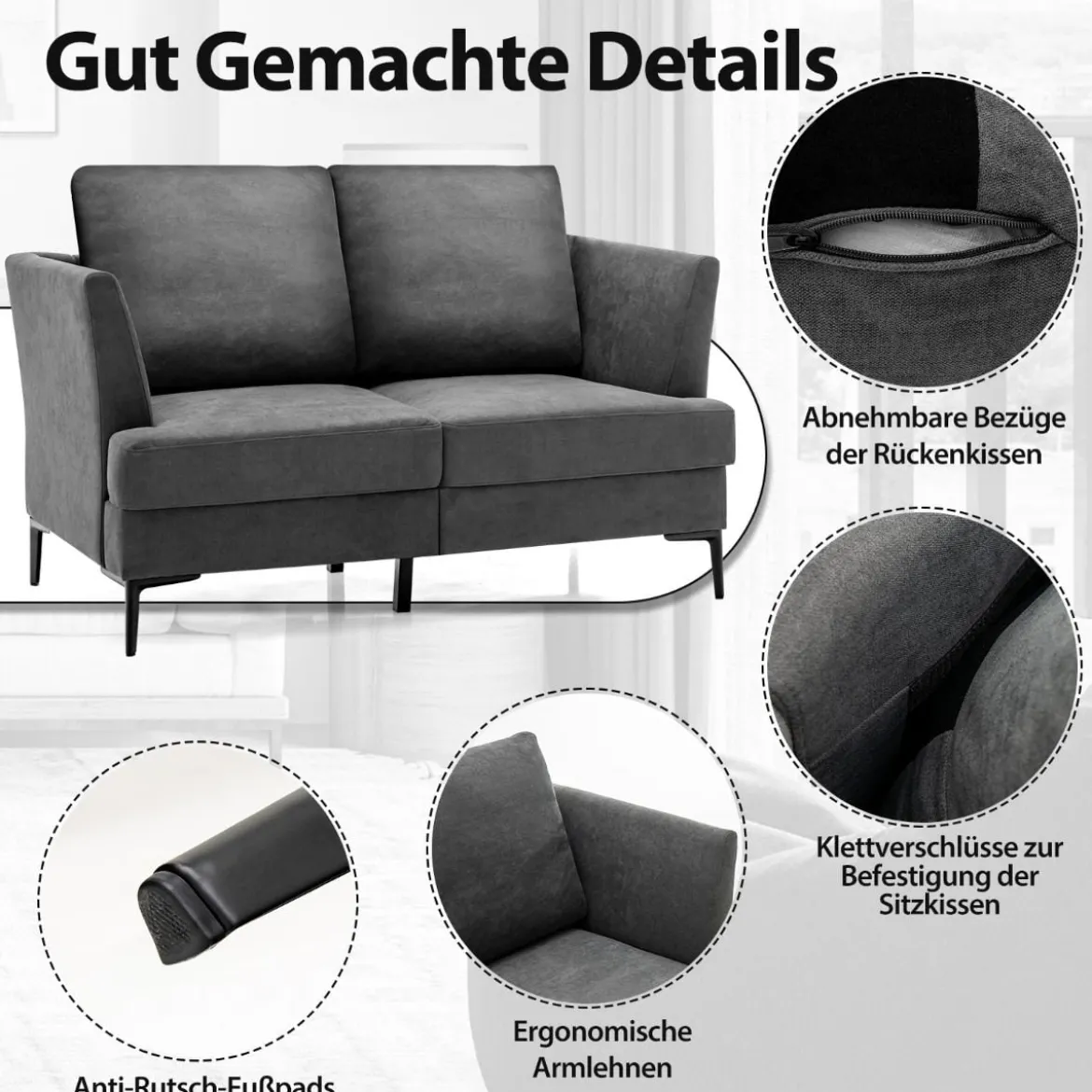 Modernes Sofa für 2 Personen Gepolstertes Zweiersofa 141 x 80 x 72 cm Grau
