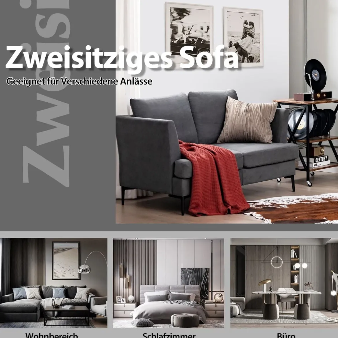 Modernes Sofa für 2 Personen Gepolstertes Zweiersofa 141 x 80 x 72 cm Grau