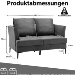 Modernes Sofa für 2 Personen Gepolstertes Zweiersofa 141 x 80 x 72 cm Grau