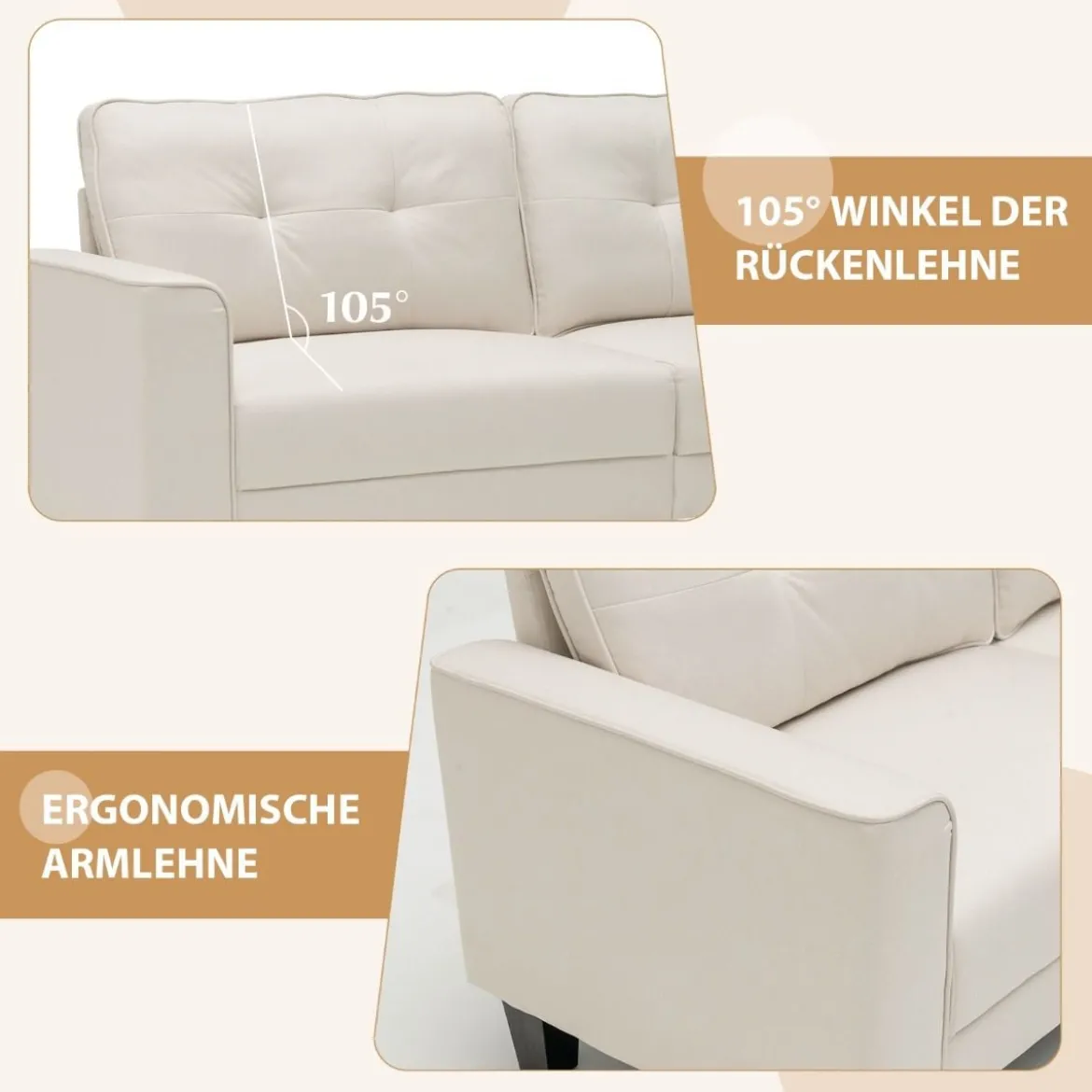 Modernes Sofa für 2-3 Personen mit 2 Abnehmbaren Rückenkissen 202 x 75 x 94 cm Beige