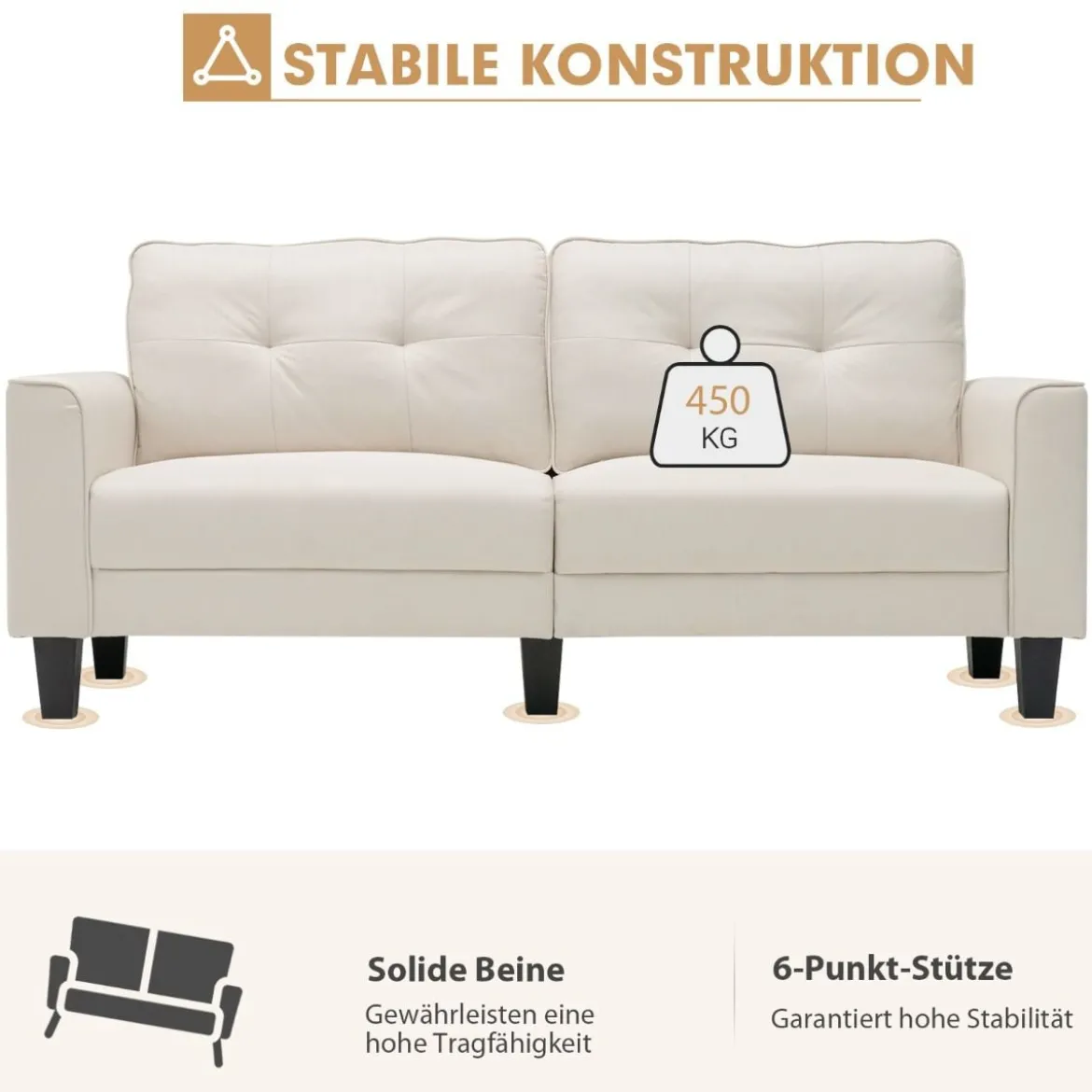 Modernes Sofa für 2-3 Personen mit 2 Abnehmbaren Rückenkissen 202 x 75 x 94 cm Beige