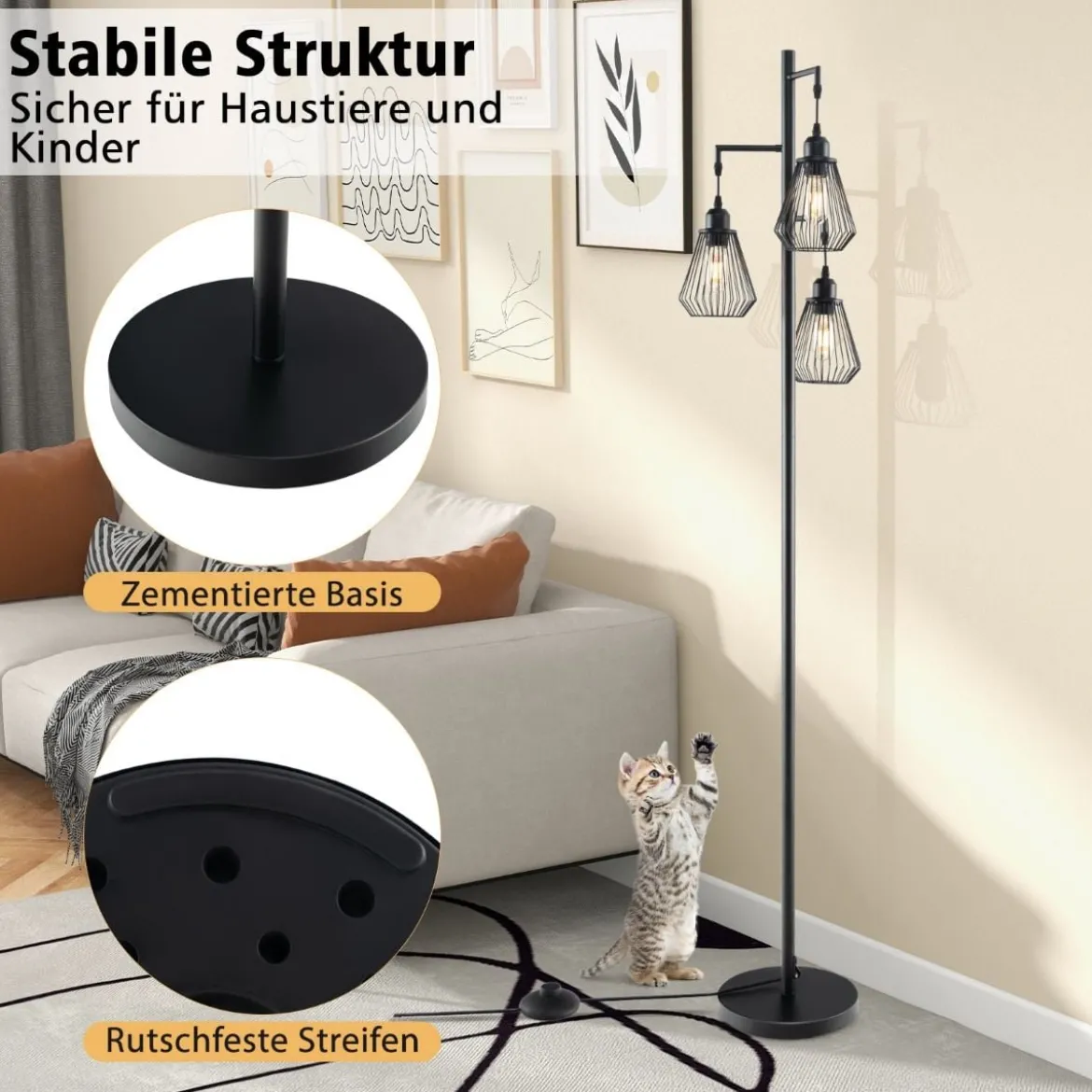 Moderne Stehlampe 169 cm industrielle Standleuchte mit 3 Lampenschirmen 25 x 168 cm Schwarz