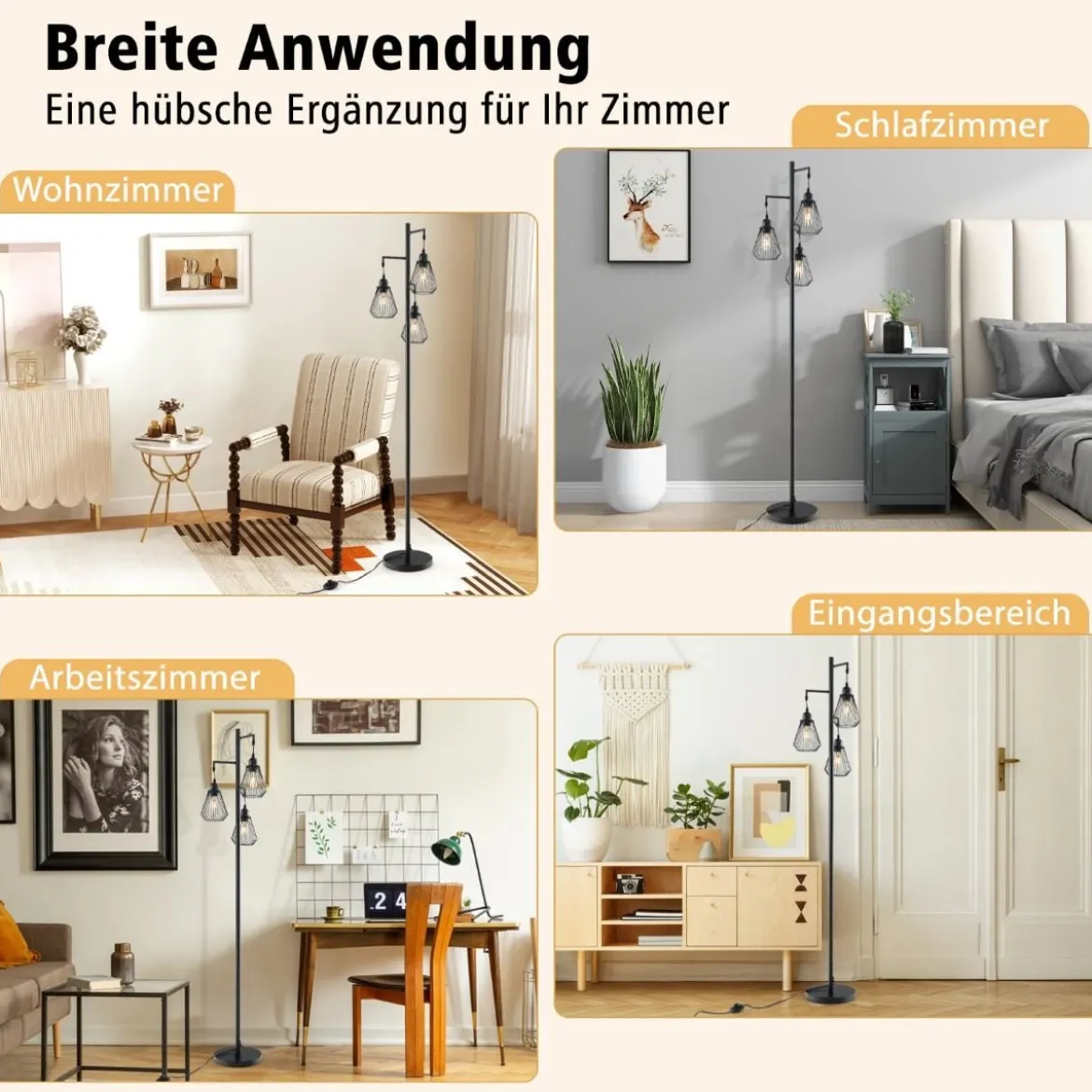 Moderne Stehlampe 169 cm industrielle Standleuchte mit 3 Lampenschirmen 25 x 168 cm Schwarz