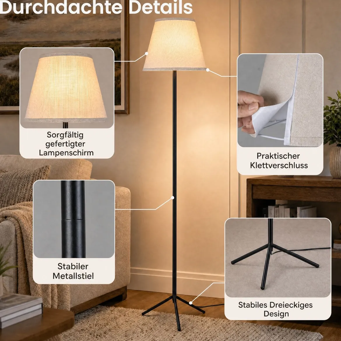 Moderne Stehlampe mit Stoffschirm E 27 Stehleuchte mit Dreifuß-metallgestell & Fußschalter