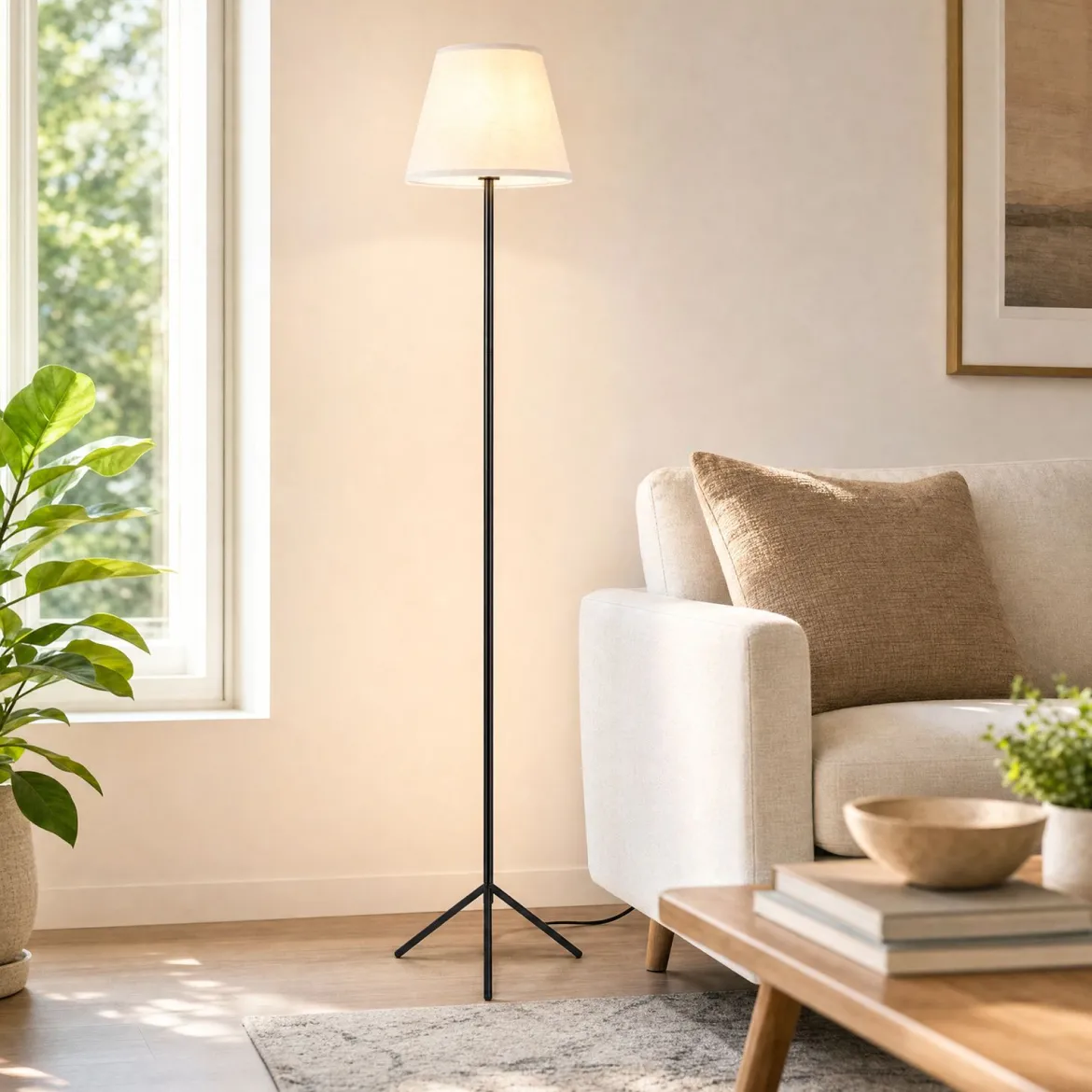 Moderne Stehlampe mit Stoffschirm E 27 Stehleuchte mit Dreifuß-metallgestell & Fußschalter