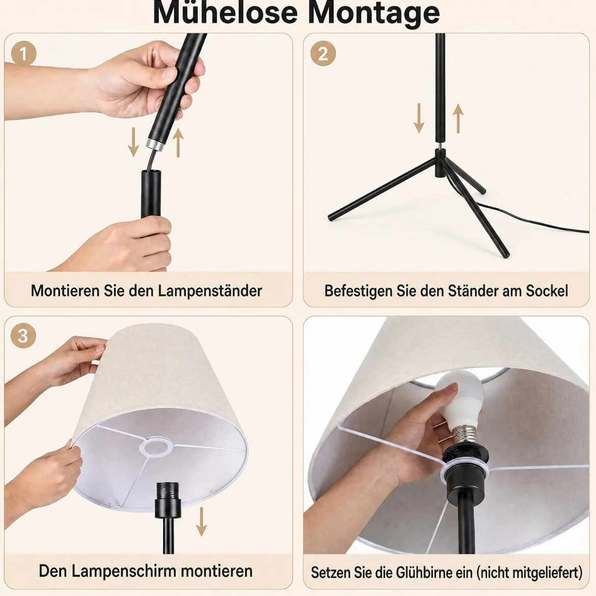 Moderne Stehlampe mit Stoffschirm E 27 Stehleuchte mit Dreifuß-metallgestell & Fußschalter