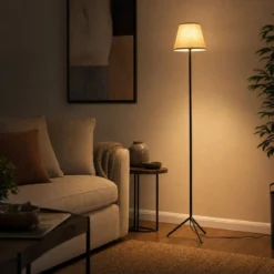 Moderne Stehlampe mit Stoffschirm E 27 Stehleuchte mit Dreifuß-metallgestell & Fußschalter