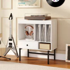 Modern Plattenspieler Ständer Vinylschrank mit Albumhaltern & Schublade Beistellschrank Weiß