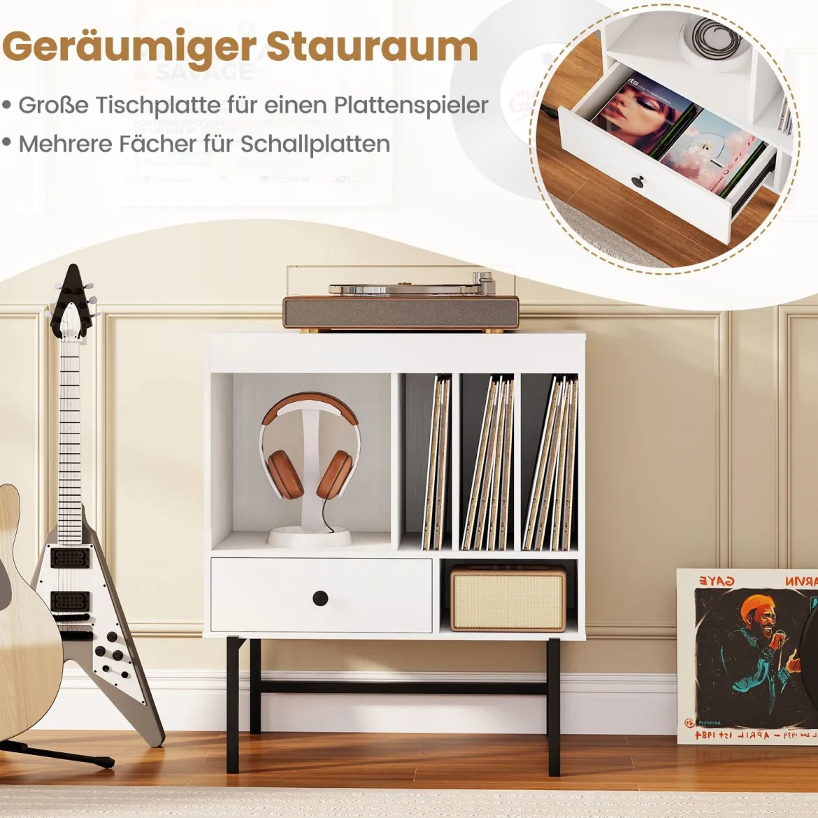 Modern Plattenspieler Ständer Vinylschrank mit Albumhaltern & Schublade Beistellschrank Weiß