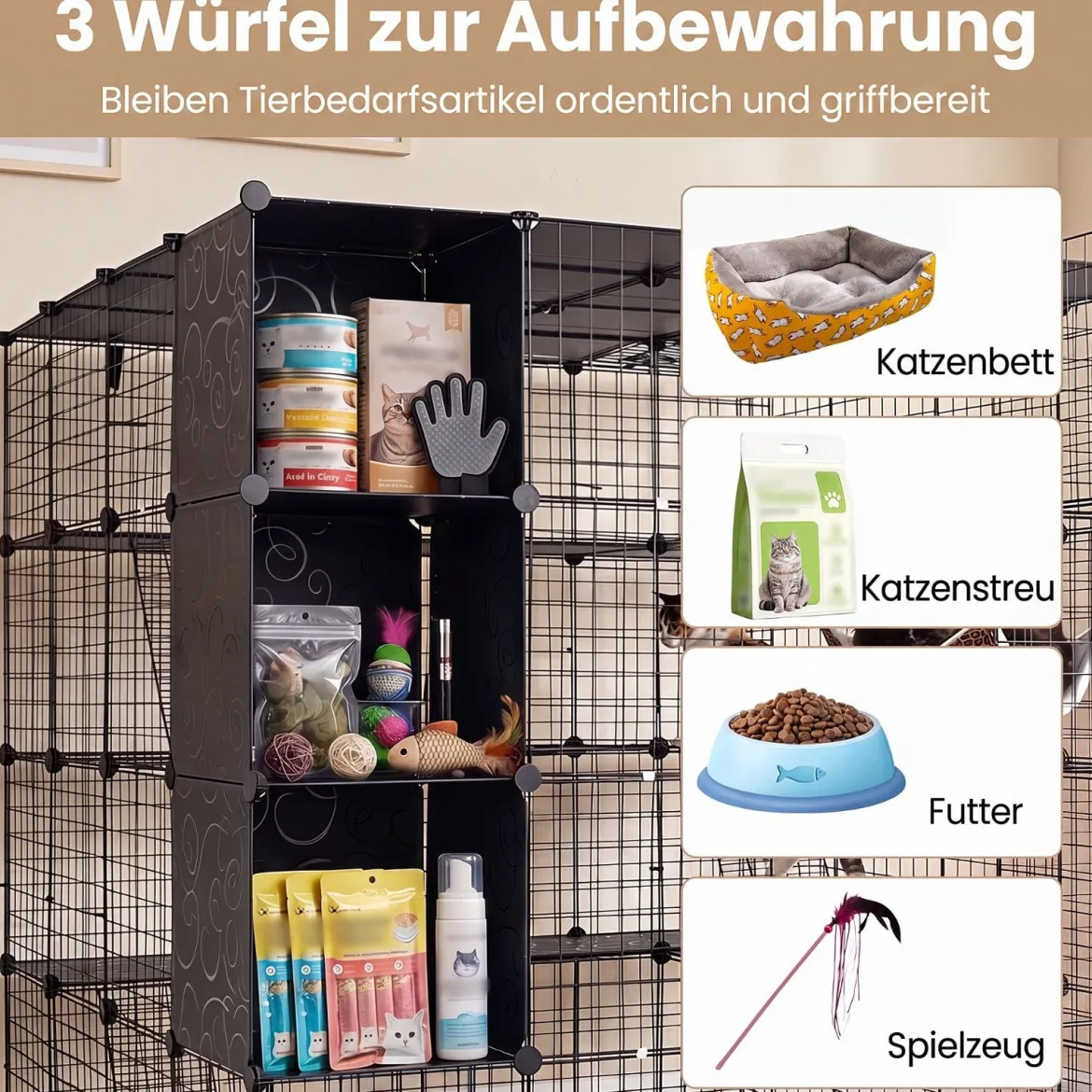 Modularer Katzenkäfig Faltbares Katzengehege mit Laufstall 144 x 144 x 142 cm Schwarz