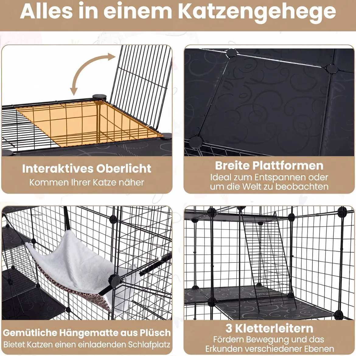 Modularer Katzenkäfig Faltbares Katzengehege mit Laufstall 144 x 144 x 142 cm Schwarz