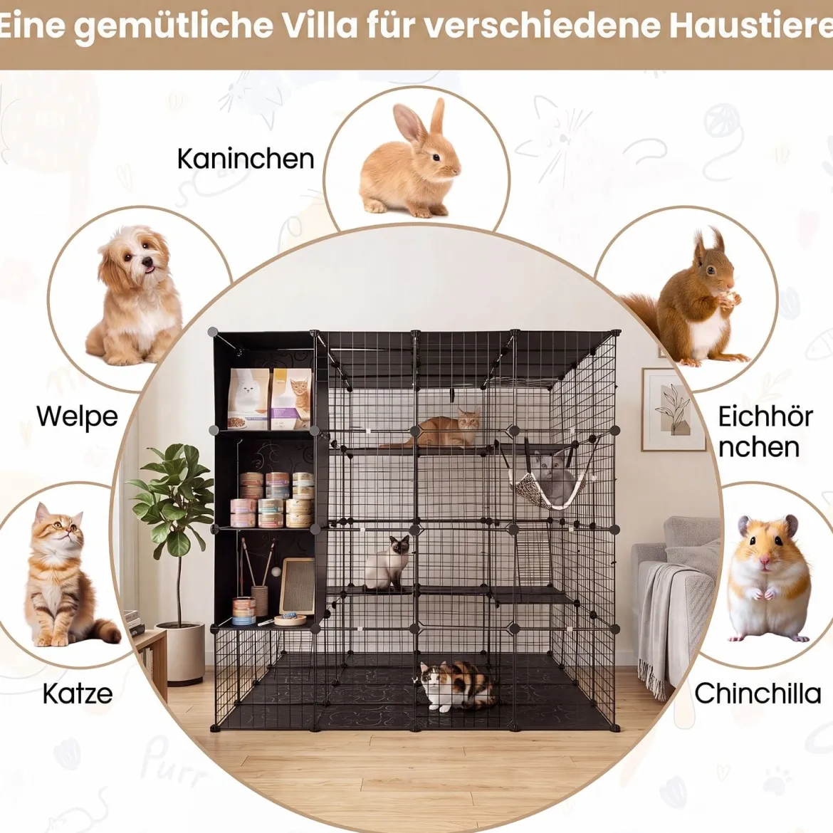 Modularer Katzenkäfig Faltbares Katzengehege mit Laufstall 144 x 144 x 142 cm Schwarz