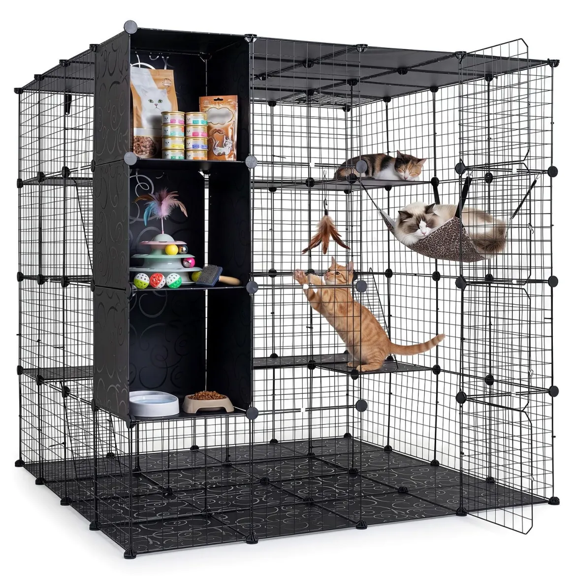Modularer Katzenkäfig Faltbares Katzengehege mit Laufstall 144 x 144 x 142 cm Schwarz