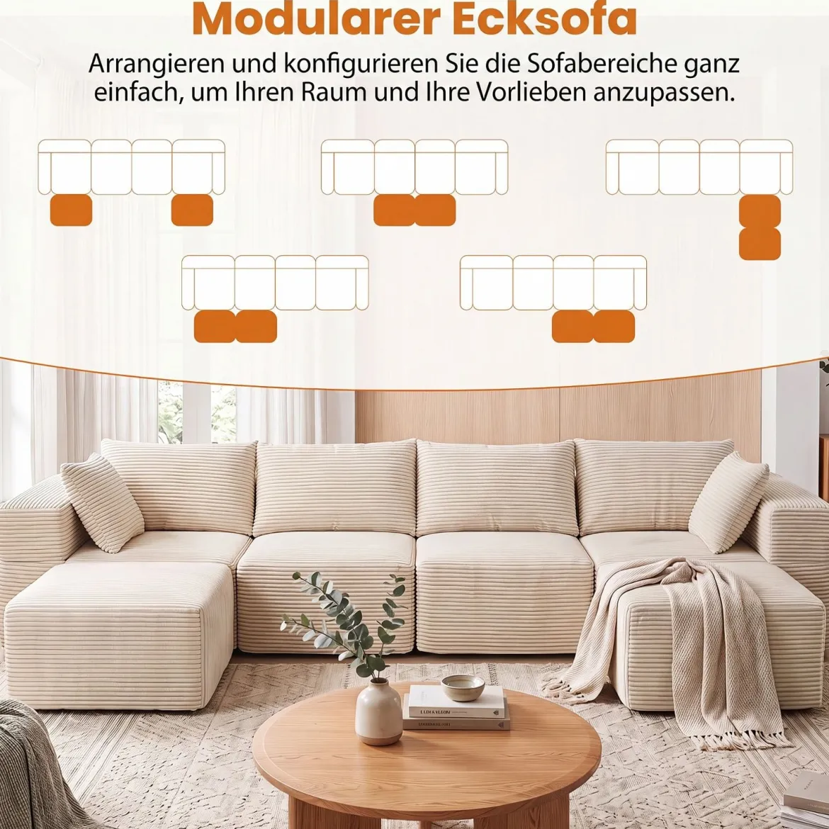 Modulares Cordsofa U-Form/L-Form Modernes Ecksofa mit Abnehmbarem Bezug 333 × 150 × 58 cm