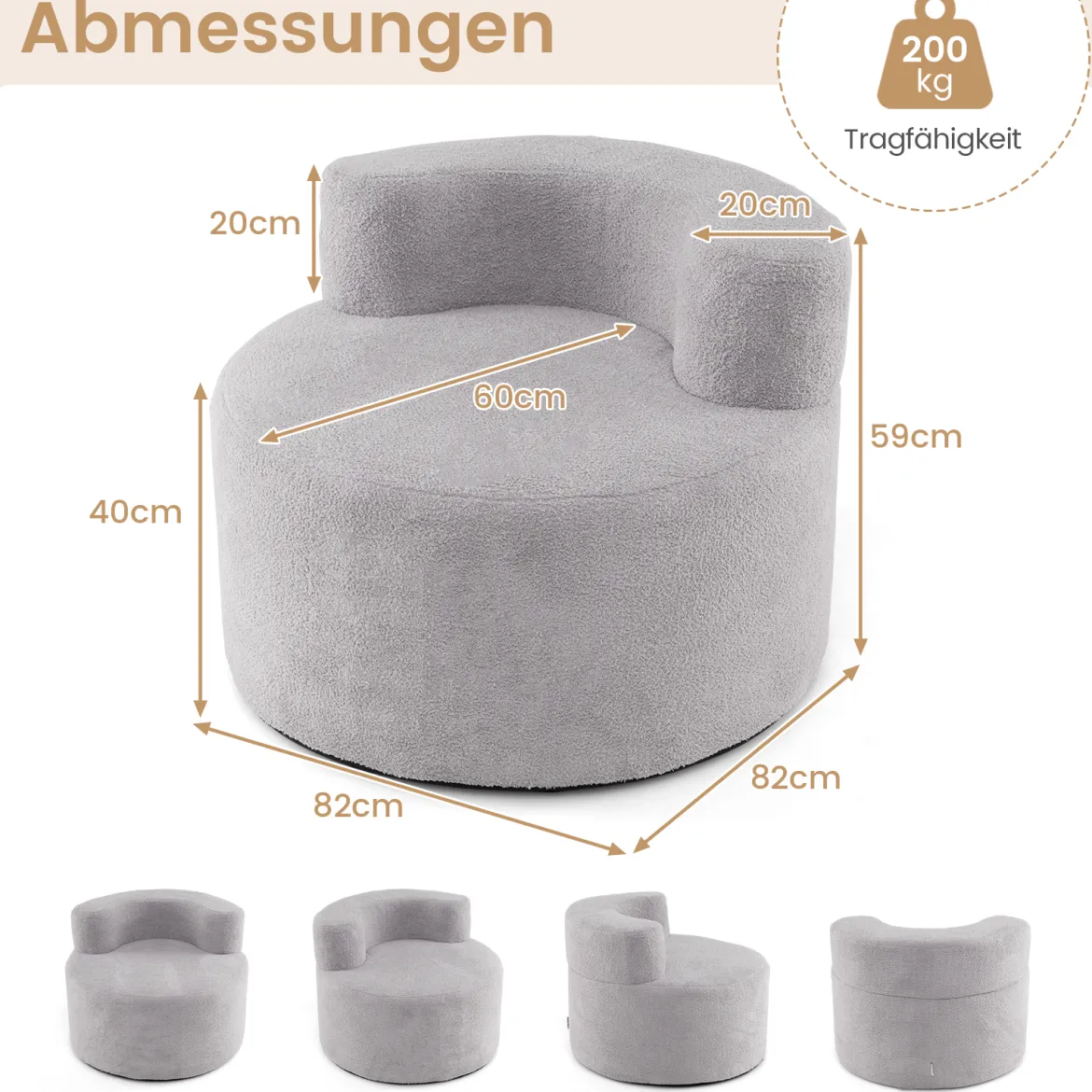 Mondförmiger Einzelsofa mit Weichem Teddyfleece Füllung & Gewölbter Rückenlehne Sitzsackstuhl Grau
