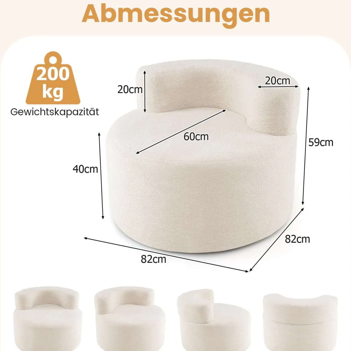 Mondförmiger Einzelsofa mit Weichem Teddyfleece Füllung & Gewölbter Rückenlehne Sitzsackstuhl Beige