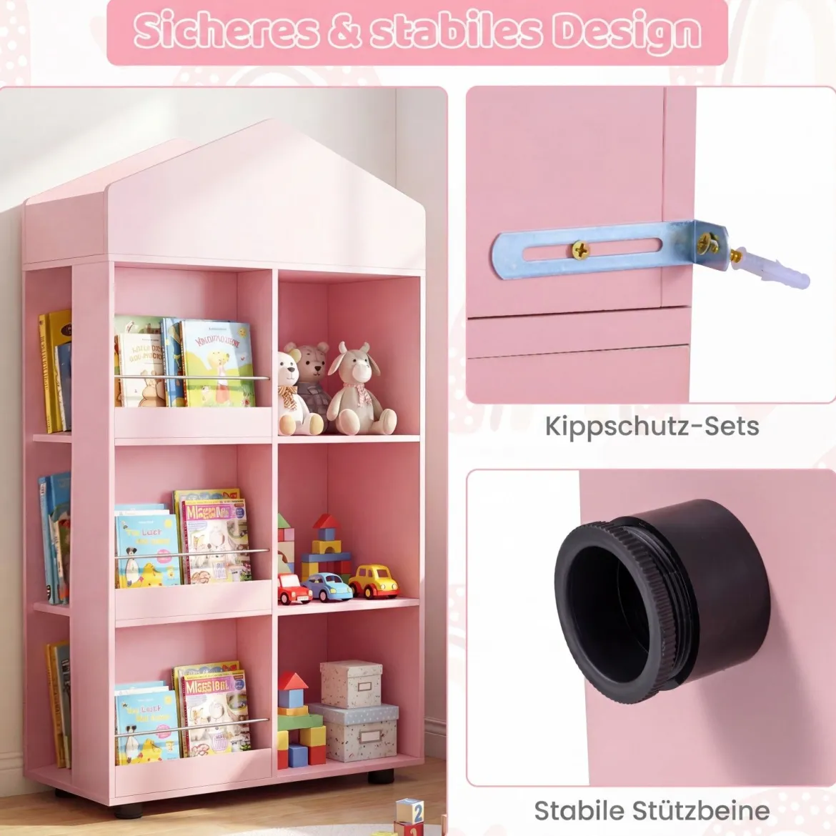 Montessori Kinderregal 116cm Bücherregal Kinder Holz & Spielzeugaufbewahrung Rosa