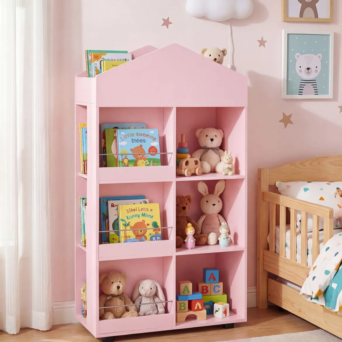 Montessori Kinderregal 116cm Bücherregal Kinder Holz & Spielzeugaufbewahrung Rosa