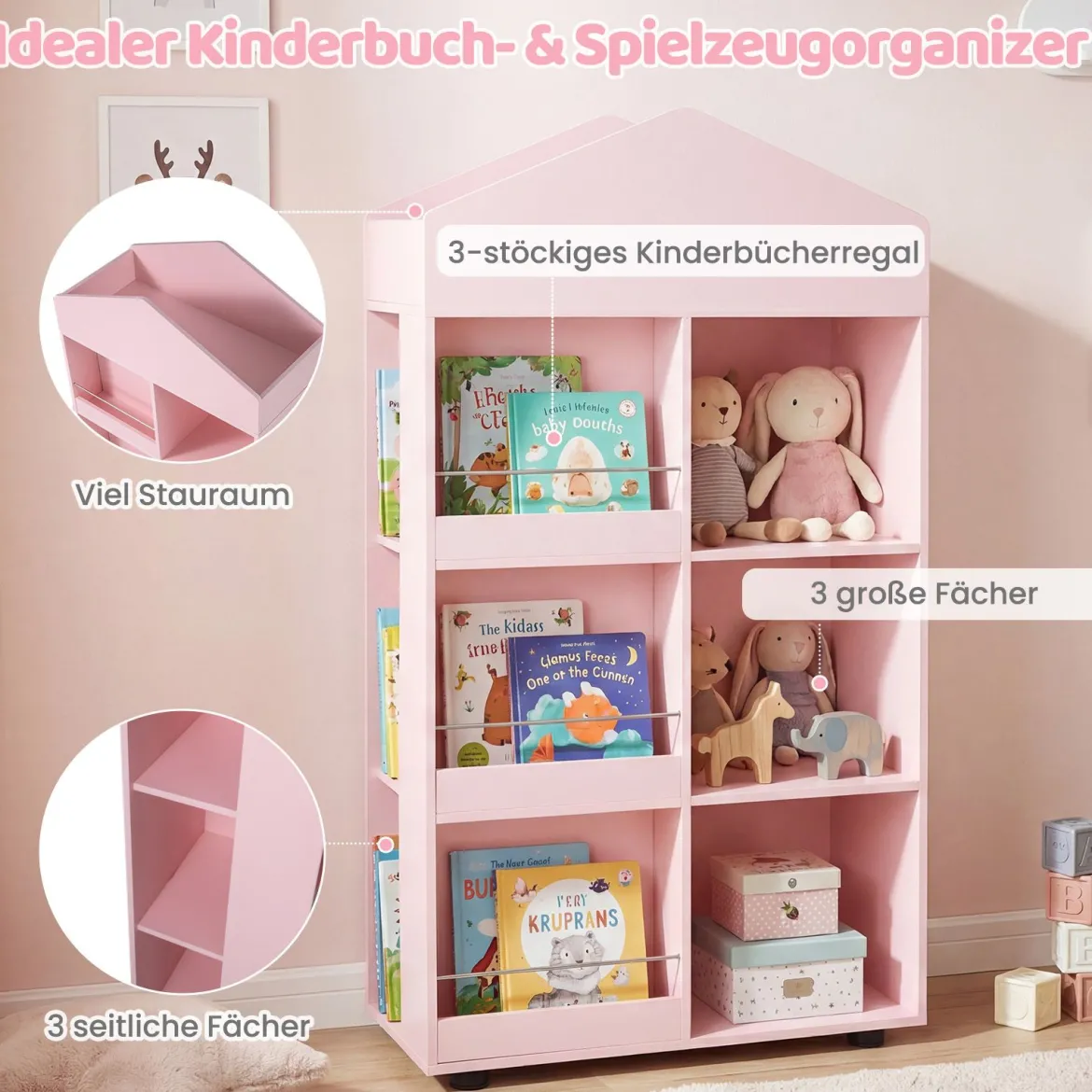 Montessori Kinderregal 116cm Bücherregal Kinder Holz & Spielzeugaufbewahrung Rosa