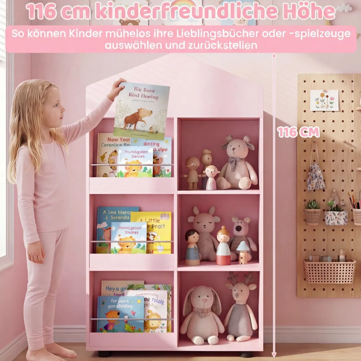 Montessori Kinderregal 116cm Bücherregal Kinder Holz & Spielzeugaufbewahrung Rosa