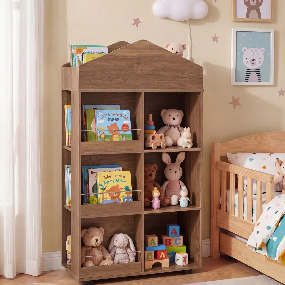 Montessori Kinderregal 116cm Bücherregal Kinder Holz & Spielzeugaufbewahrung Natur