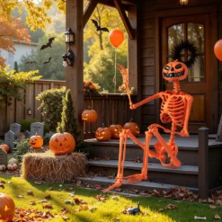16 m Oranger Halloween-Skelett lebensgroßes Plastik-Skelett posierbar mit Kürbiskopf und beweglichen Gelenken Orange