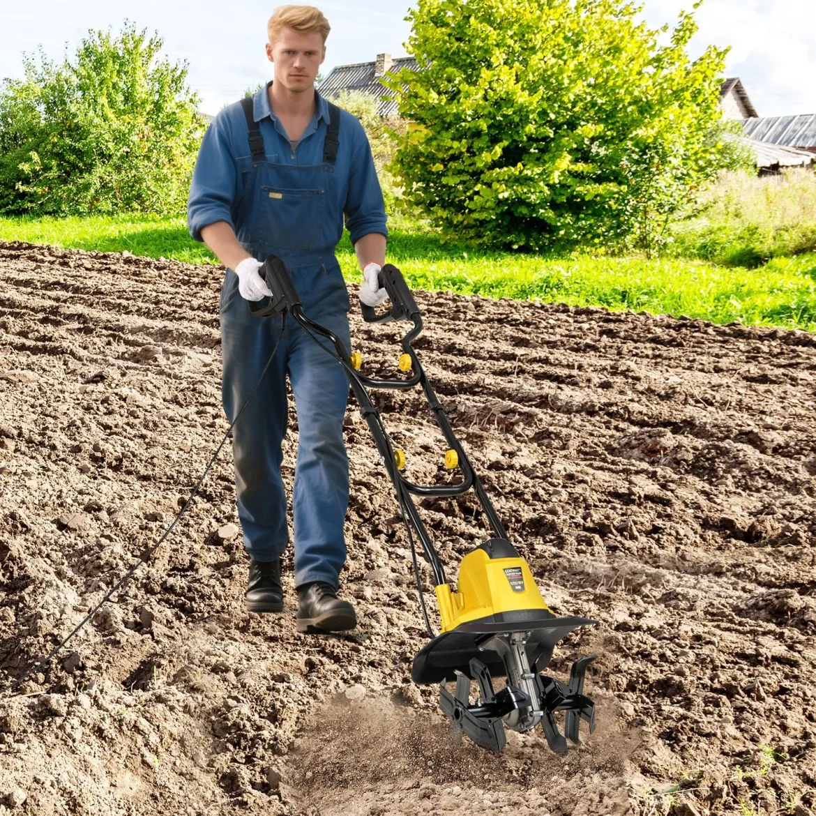 Motorhacke elektrisch 750W | Arbeitsbreite 32 cm | Arbeitstiefe 22 cm | 380 U/min Elektro Bodenhacke mit Schutzschalter 32,5 x 24 x 138 cm Gelb