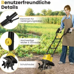 Motorhacke elektrisch 750W | Arbeitsbreite 32 cm | Arbeitstiefe 22 cm | 380 U/min Elektro Bodenhacke mit Schutzschalter 32,5 x 24 x 138 cm Gelb