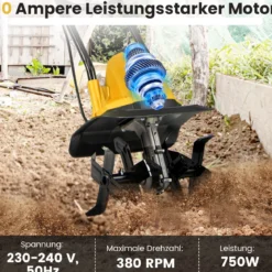 Motorhacke elektrisch 750W | Arbeitsbreite 32 cm | Arbeitstiefe 22 cm | 380 U/min Elektro Bodenhacke mit Schutzschalter 32,5 x 24 x 138 cm Gelb
