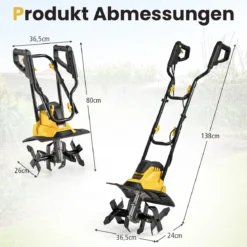 Motorhacke elektrisch 1200W | Arbeitsbreite 36 cm | Arbeitstiefe 22 cm | 380 U/min Elektro Bodenhacke mit Schutzschalter & Handgriff 36,5 x 24 x 138 cm Gelb