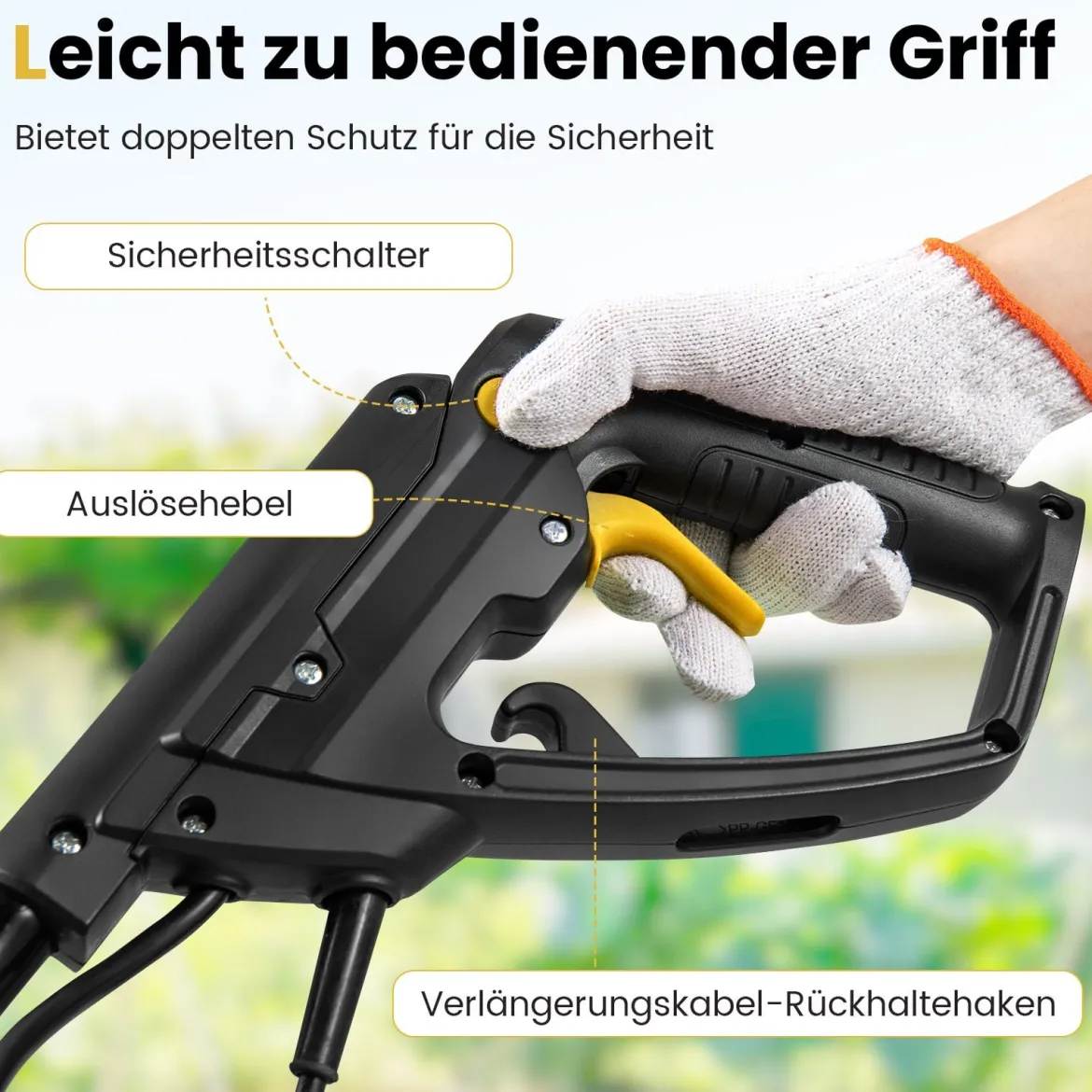 Motorhacke elektrisch 1200W | Arbeitsbreite 36 cm | Arbeitstiefe 22 cm | 380 U/min Elektro Bodenhacke mit Schutzschalter & Handgriff 36,5 x 24 x 138 cm Gelb