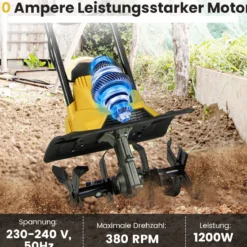 Motorhacke elektrisch 1200W | Arbeitsbreite 36 cm | Arbeitstiefe 22 cm | 380 U/min Elektro Bodenhacke mit Schutzschalter & Handgriff 36,5 x 24 x 138 cm Gelb