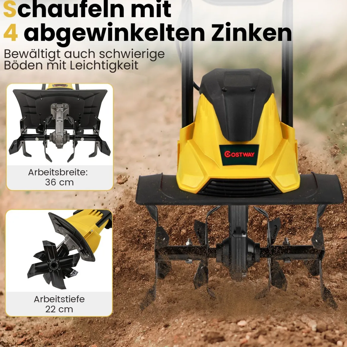 Motorhacke elektrisch 1200W | Arbeitsbreite 36 cm | Arbeitstiefe 22 cm | 380 U/min Elektro Bodenhacke mit Schutzschalter & Handgriff 36,5 x 24 x 138 cm Gelb