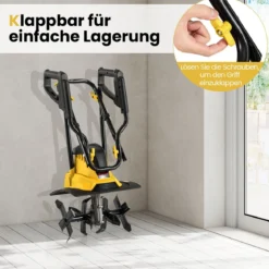 Motorhacke elektrisch 1200W | Arbeitsbreite 36 cm | Arbeitstiefe 22 cm | 380 U/min Elektro Bodenhacke mit Schutzschalter & Handgriff 36,5 x 24 x 138 cm Gelb