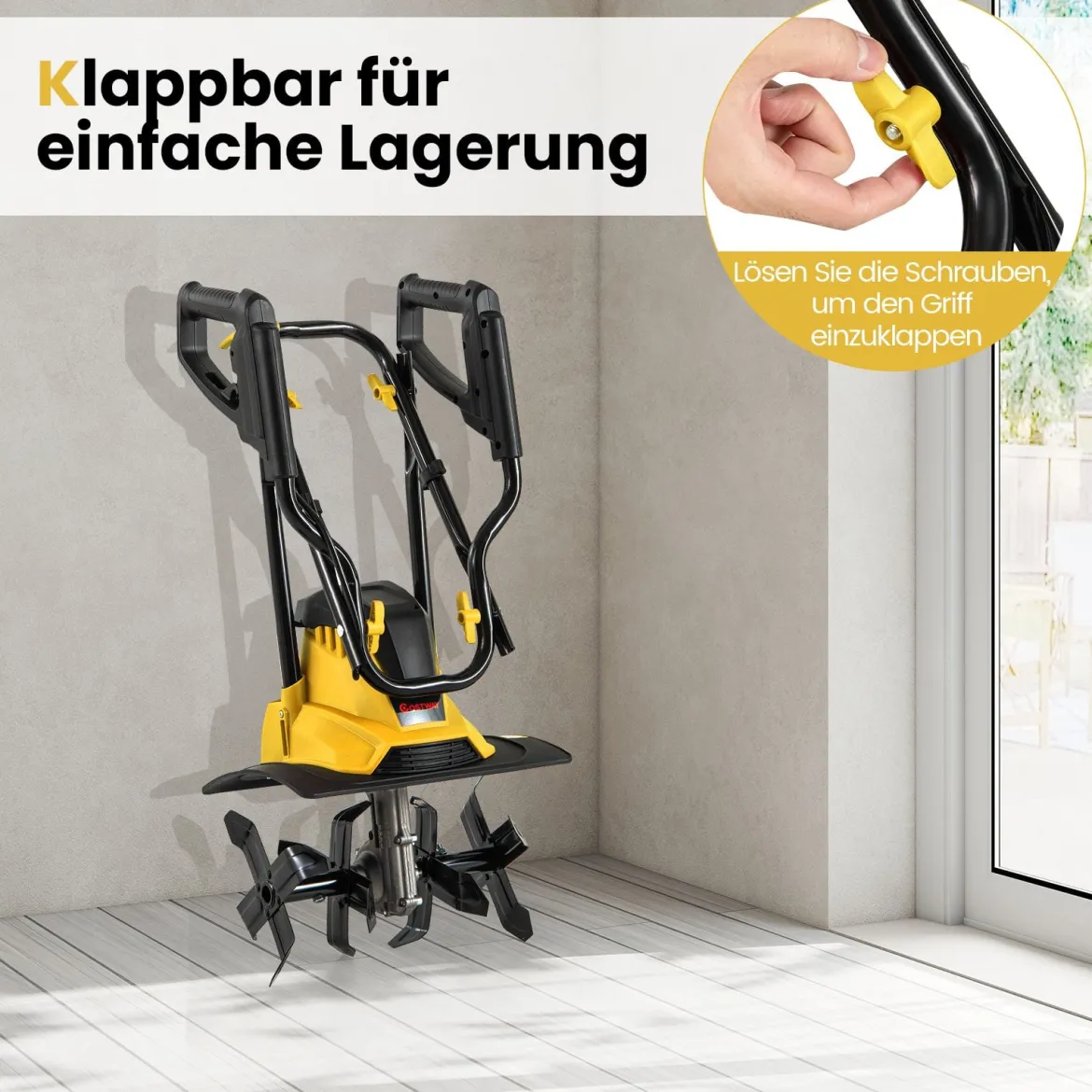 Motorhacke elektrisch 1200W | Arbeitsbreite 36 cm | Arbeitstiefe 22 cm | 380 U/min Elektro Bodenhacke mit Schutzschalter & Handgriff 36,5 x 24 x 138 cm Gelb