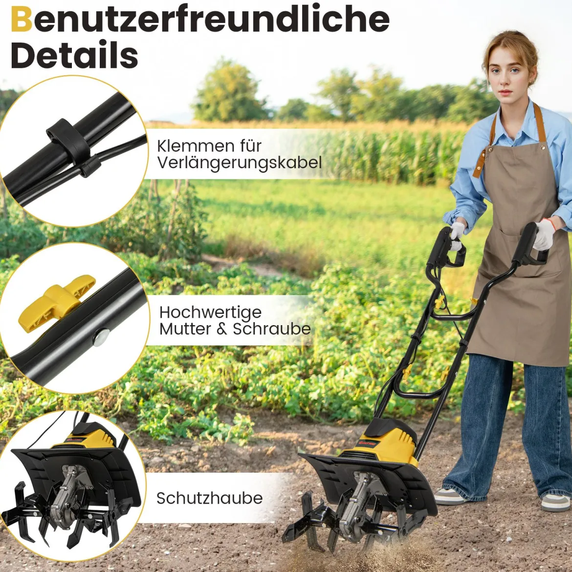 Motorhacke elektrisch 1200W | Arbeitsbreite 36 cm | Arbeitstiefe 22 cm | 380 U/min Elektro Bodenhacke mit Schutzschalter & Handgriff 36,5 x 24 x 138 cm Gelb
