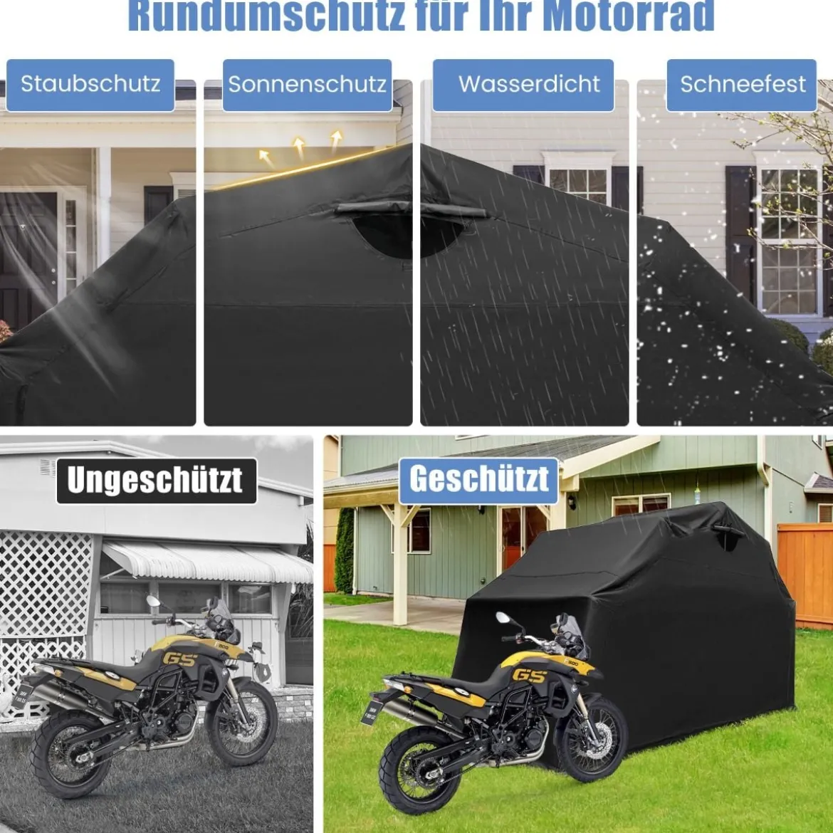 Motorrad Abdeckplane aus Oxford-Stoff mit Metallrahmen Wasserdicht Winterfest 345 x 137 x 190 cm