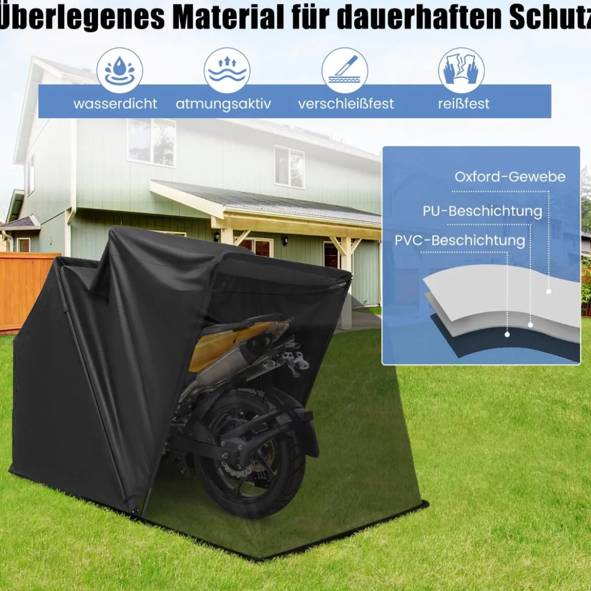 Motorrad Abdeckplane aus Oxford-Stoff mit Metallrahmen Wasserdicht Winterfest 345 x 137 x 190 cm