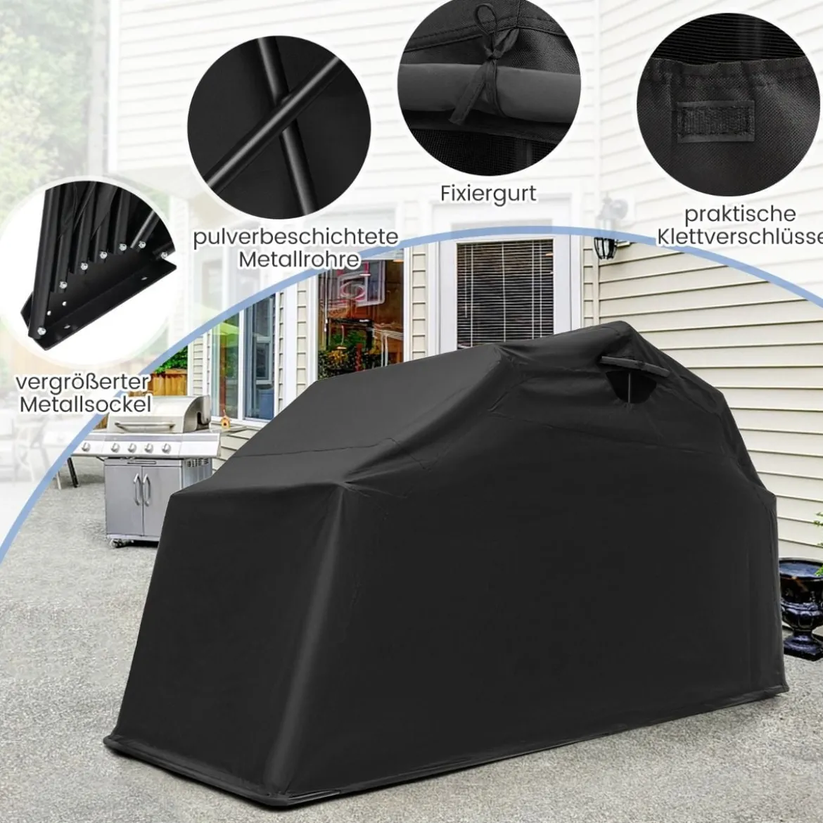 Motorrad Abdeckplane aus Oxford-Stoff mit Metallrahmen Wasserdicht Winterfest 345 x 137 x 190 cm