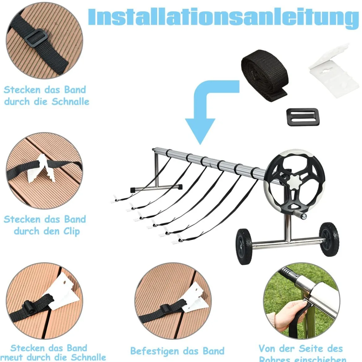 6,4 m Poolabdeckungs-Set mit Handkurbel und Rädern Pool Aufroller aus Aluminium Silber