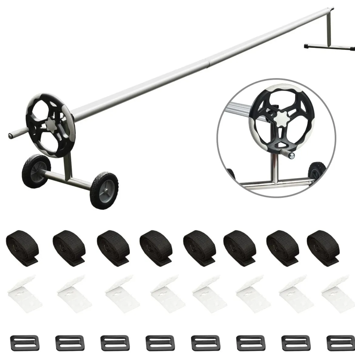 6,4 m Poolabdeckungs-Set mit Handkurbel und Rädern Pool Aufroller aus Aluminium Silber