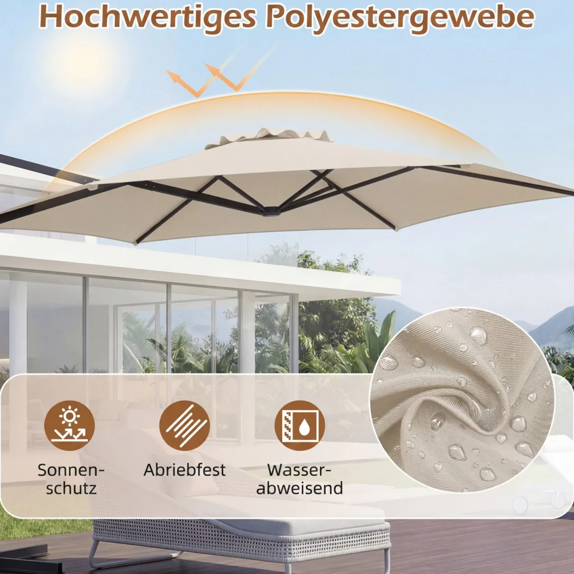 3m Sonnenschirm Ampelschirm mit 360°-Drehung Belüftungsöffnung Kreuzfuß Kurbel Beige/Grau