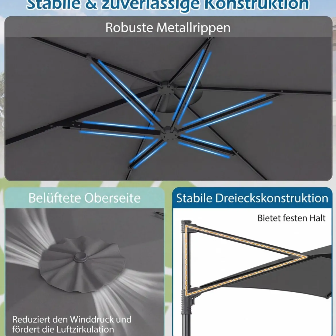3m Sonnenschirm Ampelschirm mit 360°-Drehung Belüftungsöffnung Kreuzfuß Kurbel Beige/Grau